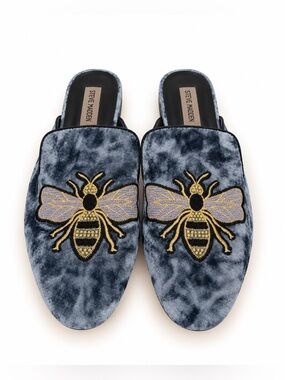 Steve Madden Hugh Blue Velvet Bumblebee Embroidered Flat Mule Loafers Shoes 8